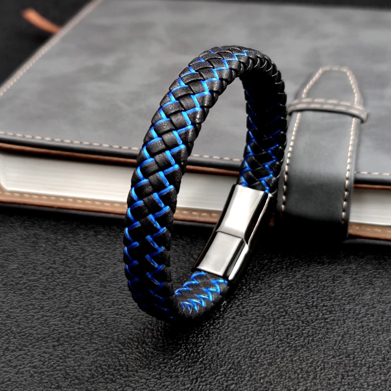 Neue kostenlose benutzerdefinierte Name blau/rot Leder einfache Charme Business Männer Edelstahl Leder geflochtene Armband Bagnet Lock Armreif Image