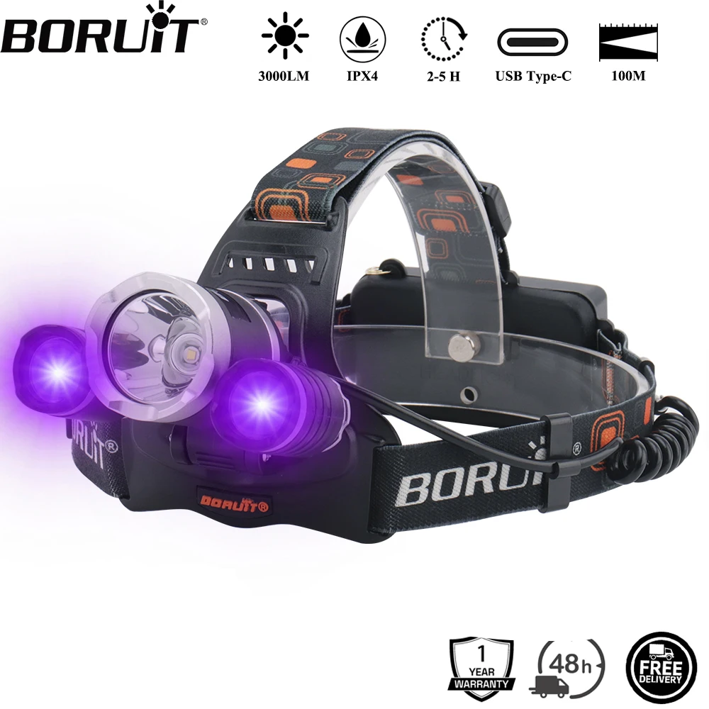 BORUiT RJ-3000 UV-LED-Stirnlampe, 390 nm Typ C, wiederaufladbar, superheller Scheinwerfer, wasserdichte Stirnlampe für Camping, Angeln Image