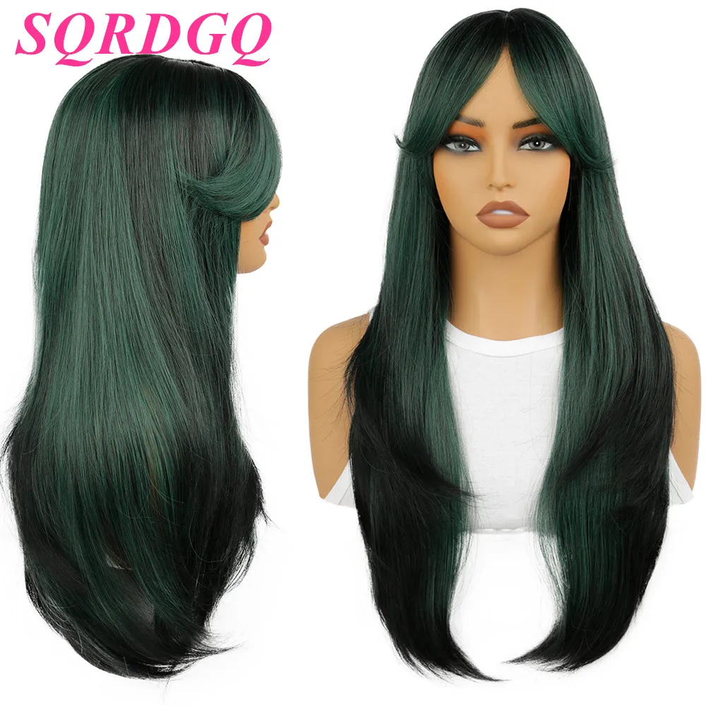 SQRDGQ Glattes Haar, synthetische Damenperücken, 66 cm, Ombre, grün, schwarz, Perücken für Frauen, Mittelteil, Damenperücken mit Pony, täglicher Gebrauch Image