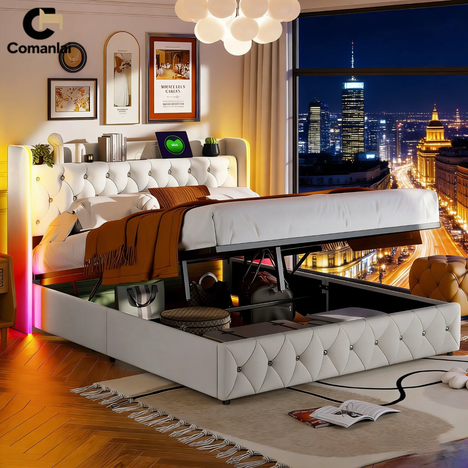 Comanlai Hydraulisches Stauraumbett 140x200cm Gepolstertes Doppelbett mit LED-Beleuchtung und USB-Ladeanschluss, Doppelbettgestell Image