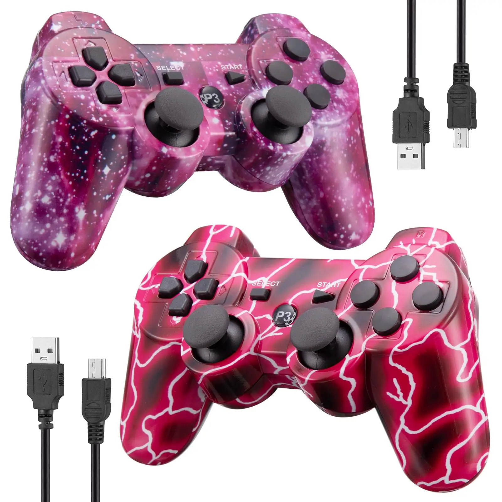 2er-Pack kabelloser PS3-Controller Playstation 3-Controller, kabelloses Bluetooth-Gamepad mit USB-Ladekabel für die P3-Konsole