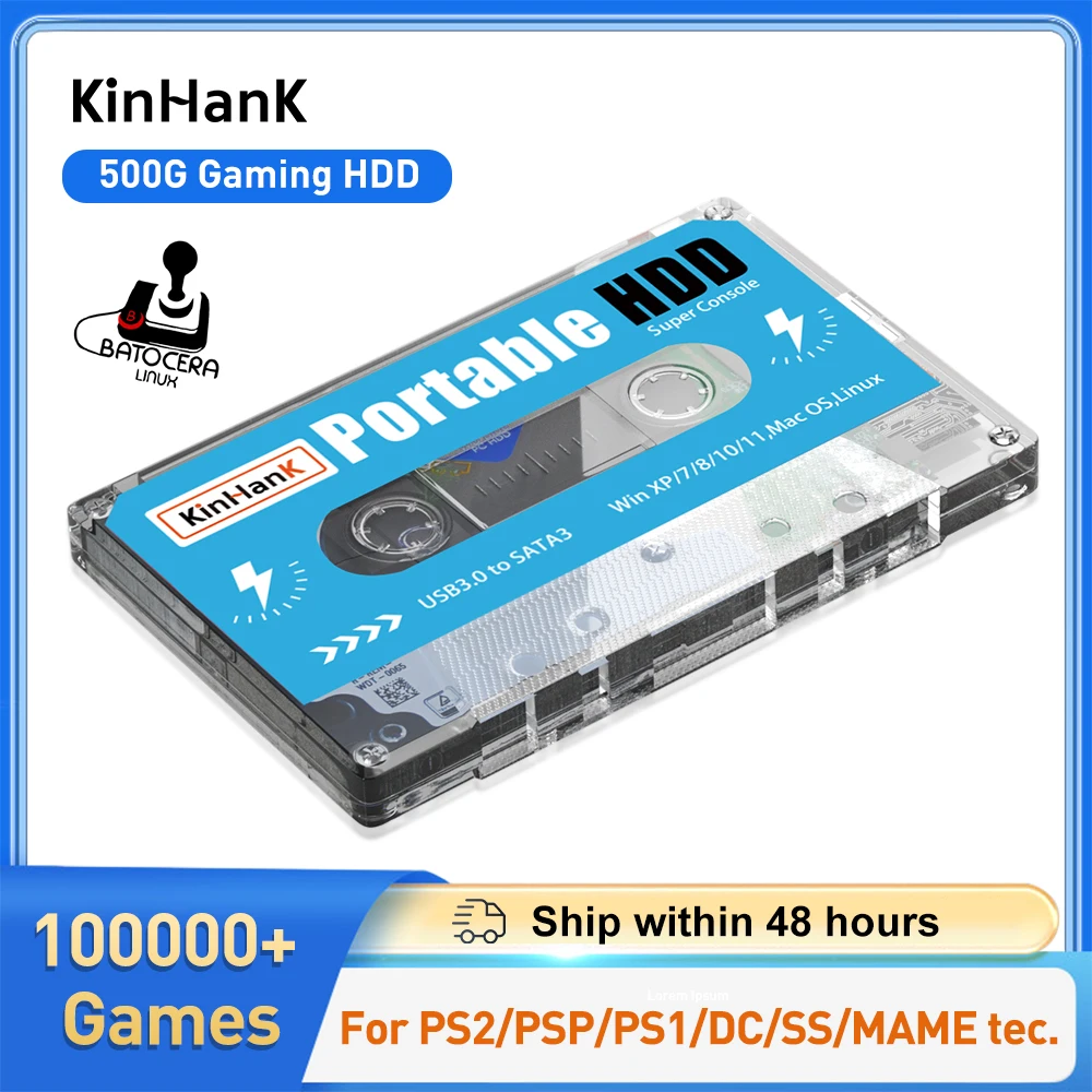 KINHANK 500G Gaming HDD Super Console 100.000 Videospiele 70 Emulatoren für DC/MAME/SS/NAOMI/PS2/PS1 Plug and Play Batocera OS