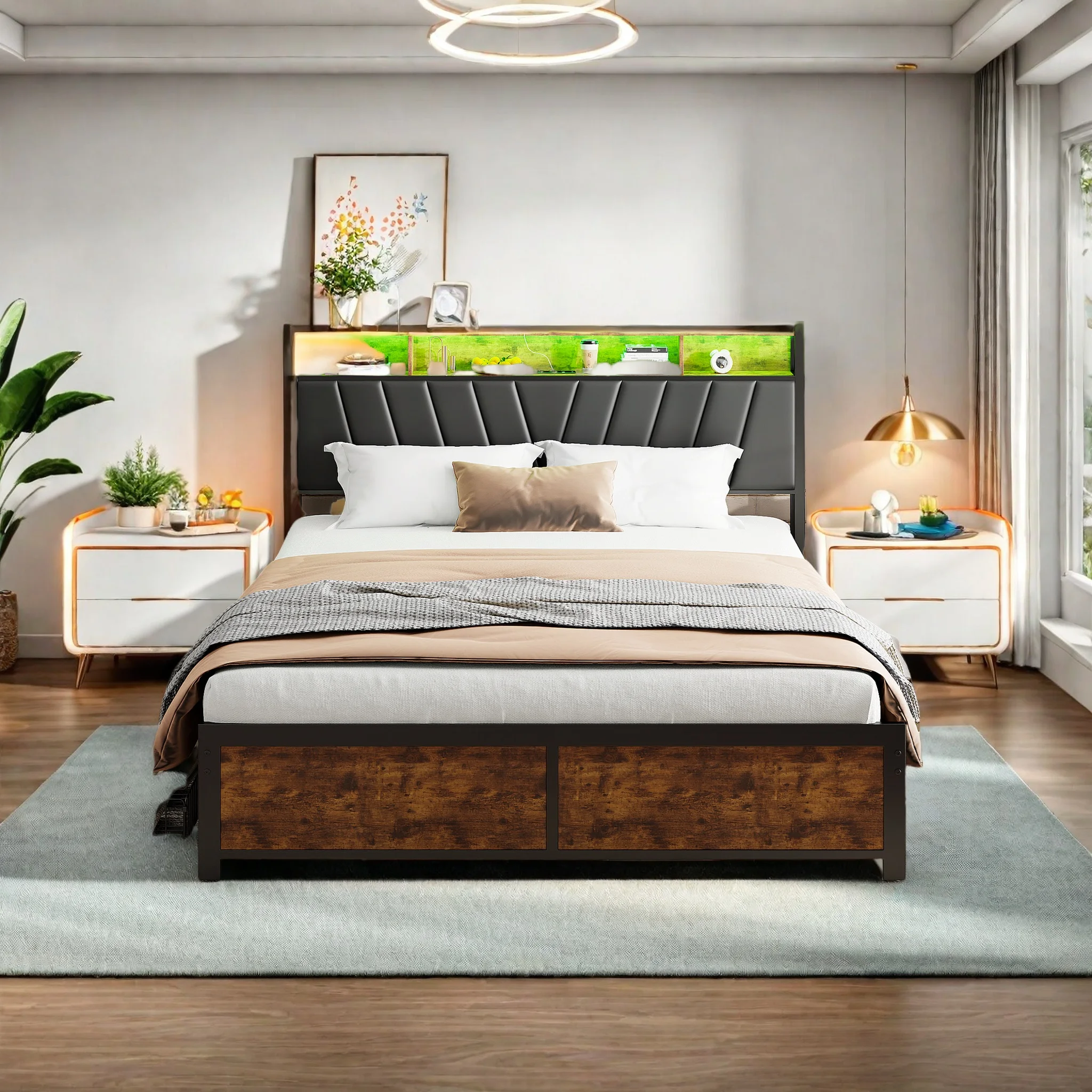 Anajqaqia 160x200cm Doppelbettgestell mit Stauraum im Kopfteil und Lichtleiste, Ladeanschluss und 4 Schubladen, Schwarz Image