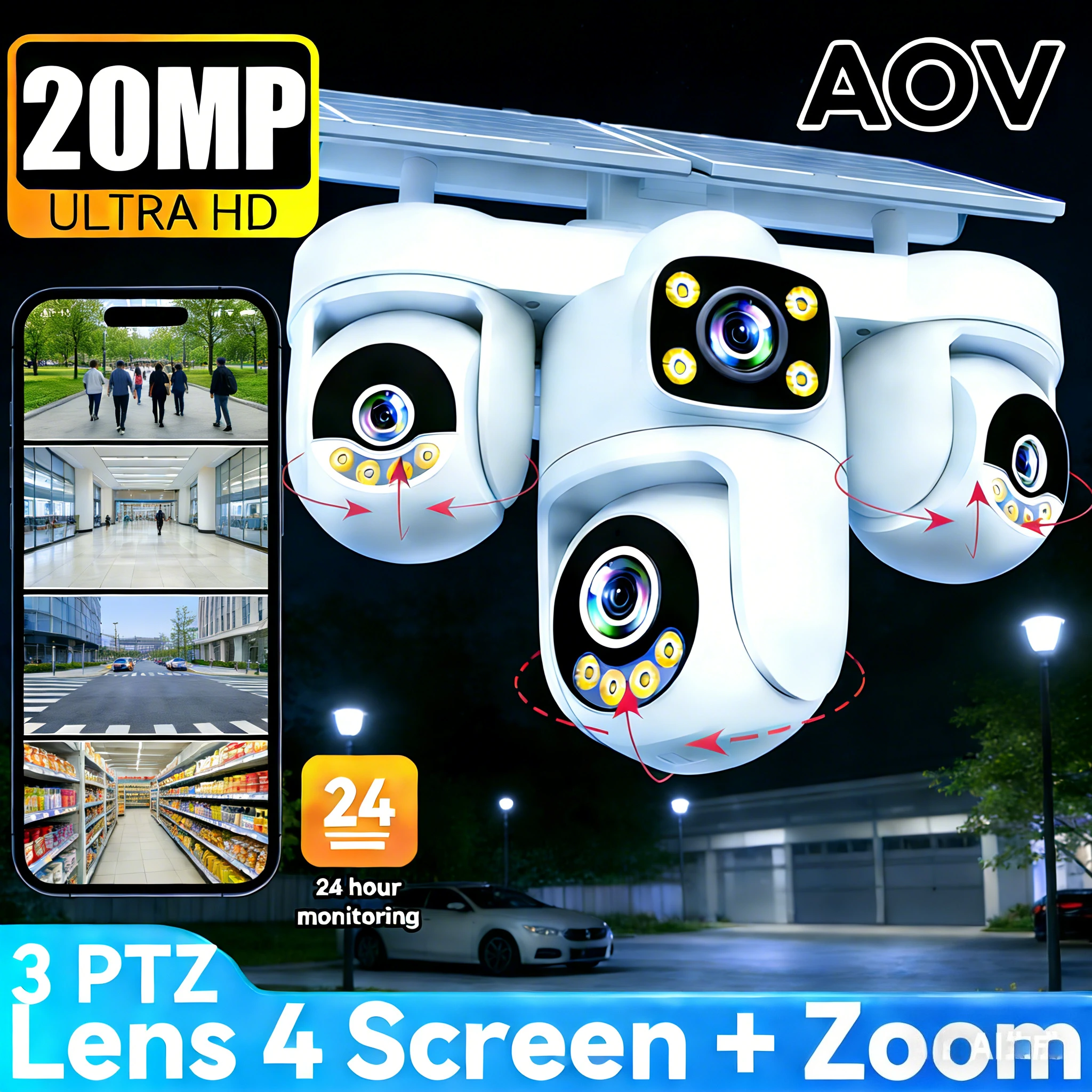 DIFANG 20MP Vierfach-Bildschirm 4G Solarkamera Vierfach-Bildschirm 360° ° 3 PTZ-Objektive Zoom Kabellose Sicherheitsüberwachung Solar CCTV O-kam Pro Image