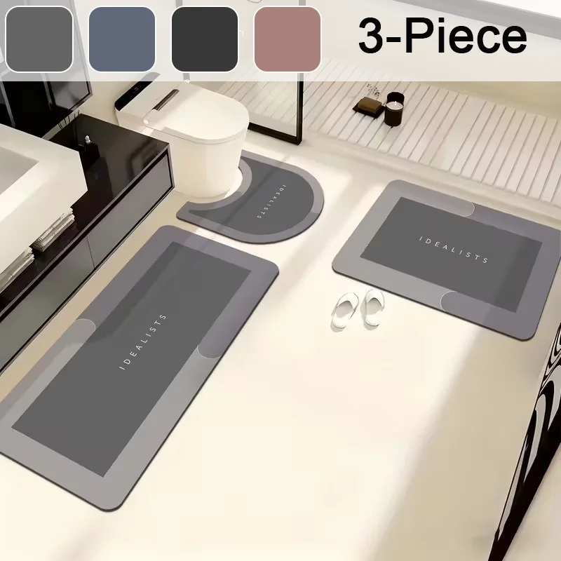 3-teiliges Mehrzweck-Kieselgurmatten-Set, super saugfähig, schnell trocknend, rutschfest, für Toilette, U-förmige Unterlage für Badezimmer und Küche Image