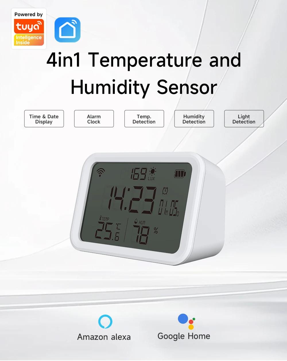Tuya Smart WiFi 4-IN-1 Temperatur Feuchtigkeit Sensor Licht Intensität Detektor Zeit Display Wecker Fit Alexa Google assistent Image
