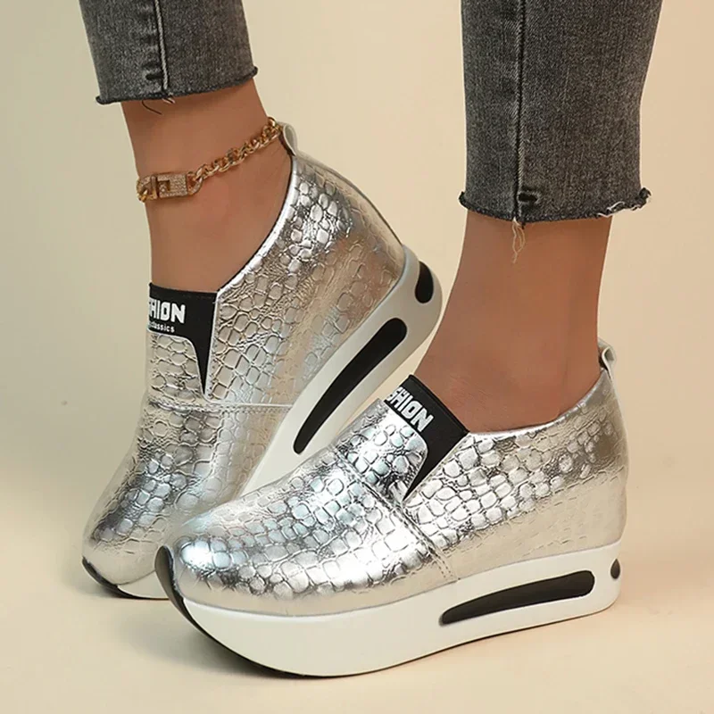Mode Silber Dicken Boden Slip Auf Turnschuhe Frauen 2025, Herbst Chunky Plattform Casual Maultiere Schuhe Plus Größe dame Müßiggänger Schuhe