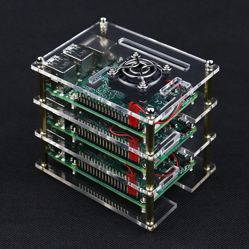 3-lagiges Raspberry Pi Acrylgehäuse, transparente Boxabdeckung + Lüfter für Raspberry Pi 4B 3B+ 3B DIY Cluster Image