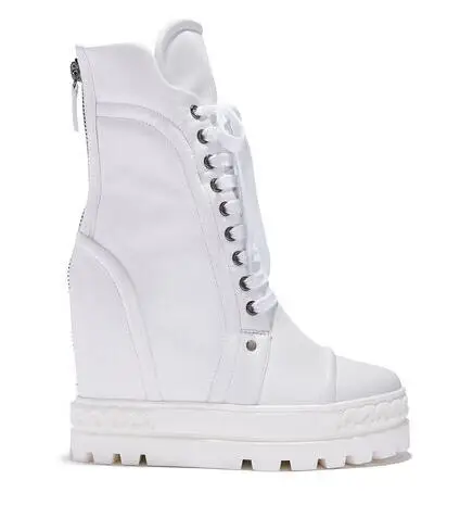 Damenschuhe, orthopädische High-Top-Sneaker aus echtem Leder, 8 cm Höhe, zunehmende weiße Schuhe für Damen, kurze Kampfstiefel mit Keilabsatz