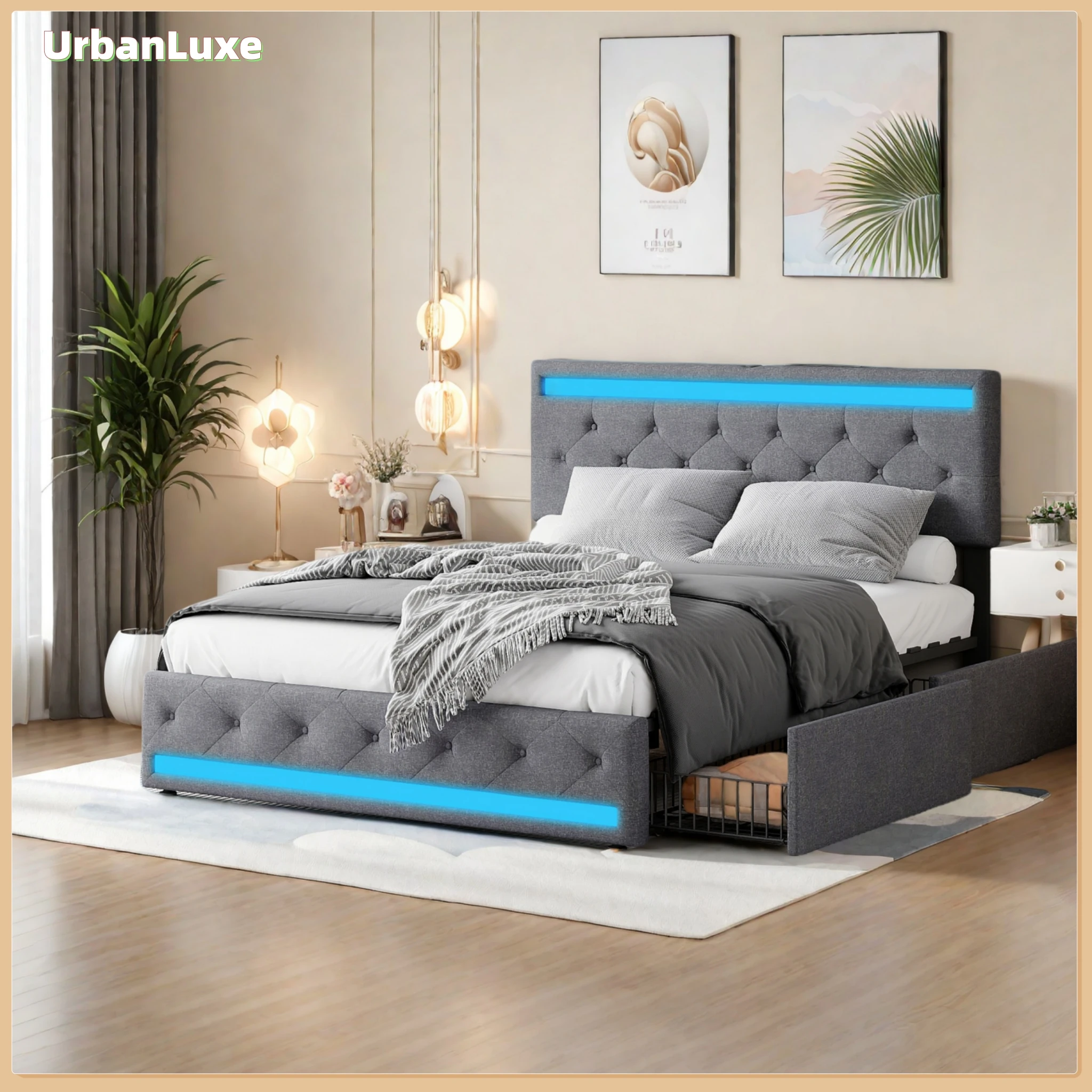 UrbanLuxe Bett 140x200 cm, mit 4 Metallschubladen, LED-Lichtleiste und USB-Anschluss, Doppelbett, Bettwäsche, dunkelgrau Image