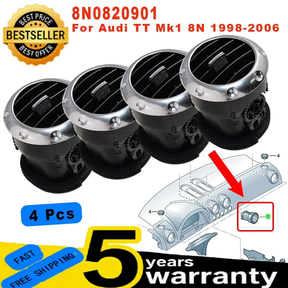 Neu für Audi TT Mk1 8N 98-06 8N0820901 A/B/C/D Vordere Armaturenbrett-Lüftungsöffnung, Aluminium-Klimaanlagen-Heizgitter, Diffusor, Mittelkonsole Image