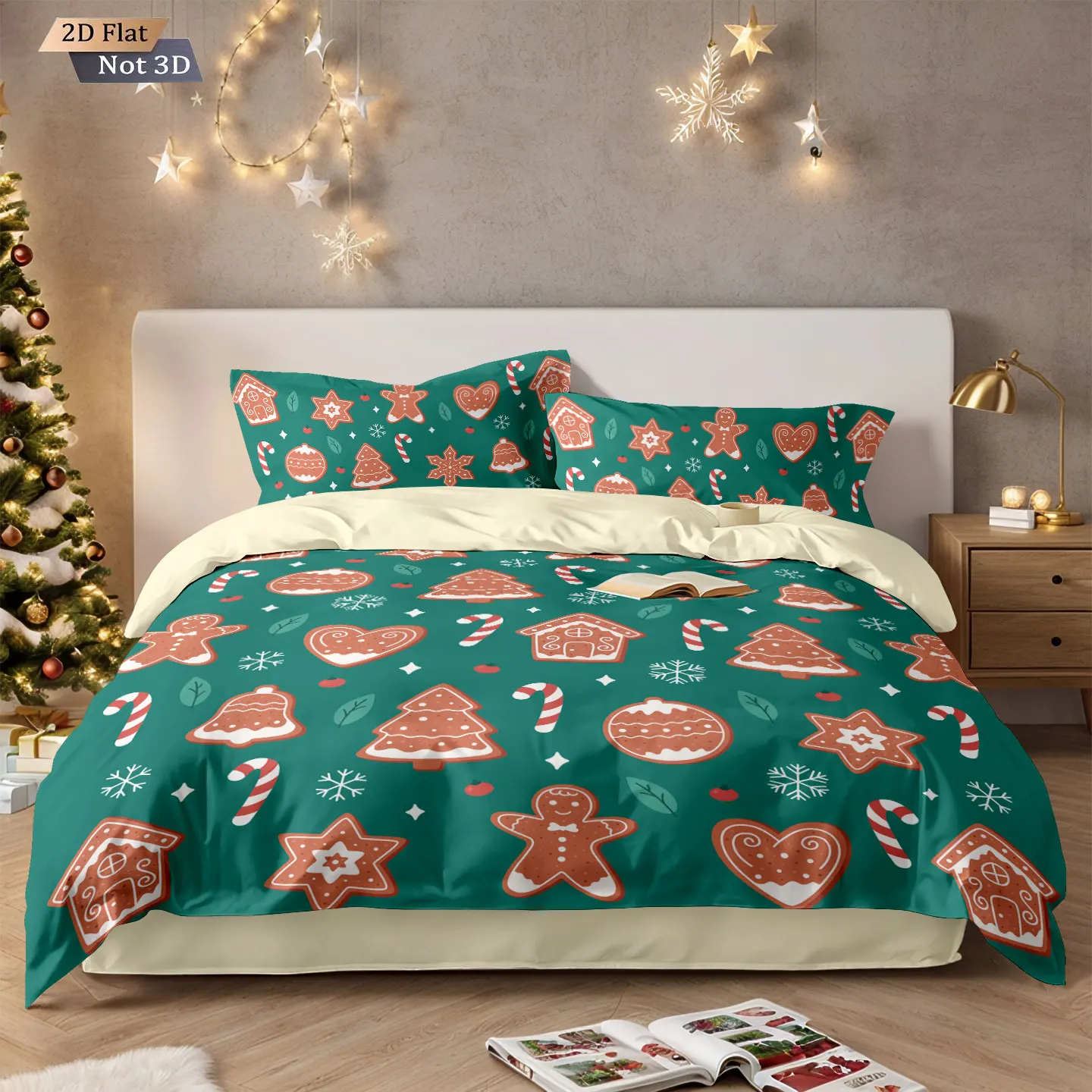 3-teiliges Frohe Weihnachten, grün bedrucktes Chipless-Steppdecken-Set, weiche Schlafsaal-Bettwäsche in verschiedenen Größen, Weihnachtsdekoration, maschinenwaschbar Image