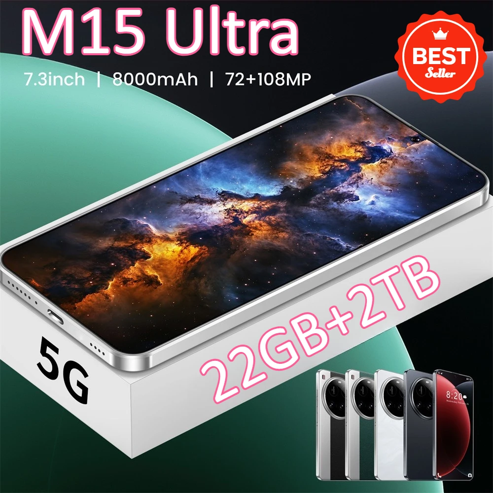 New M15 Ultra Original Cellphones 7.3inch Smartphone 4G 5G Dual SIM Mobile Phones Android 14 Global Version 8000mAh Cell Phone