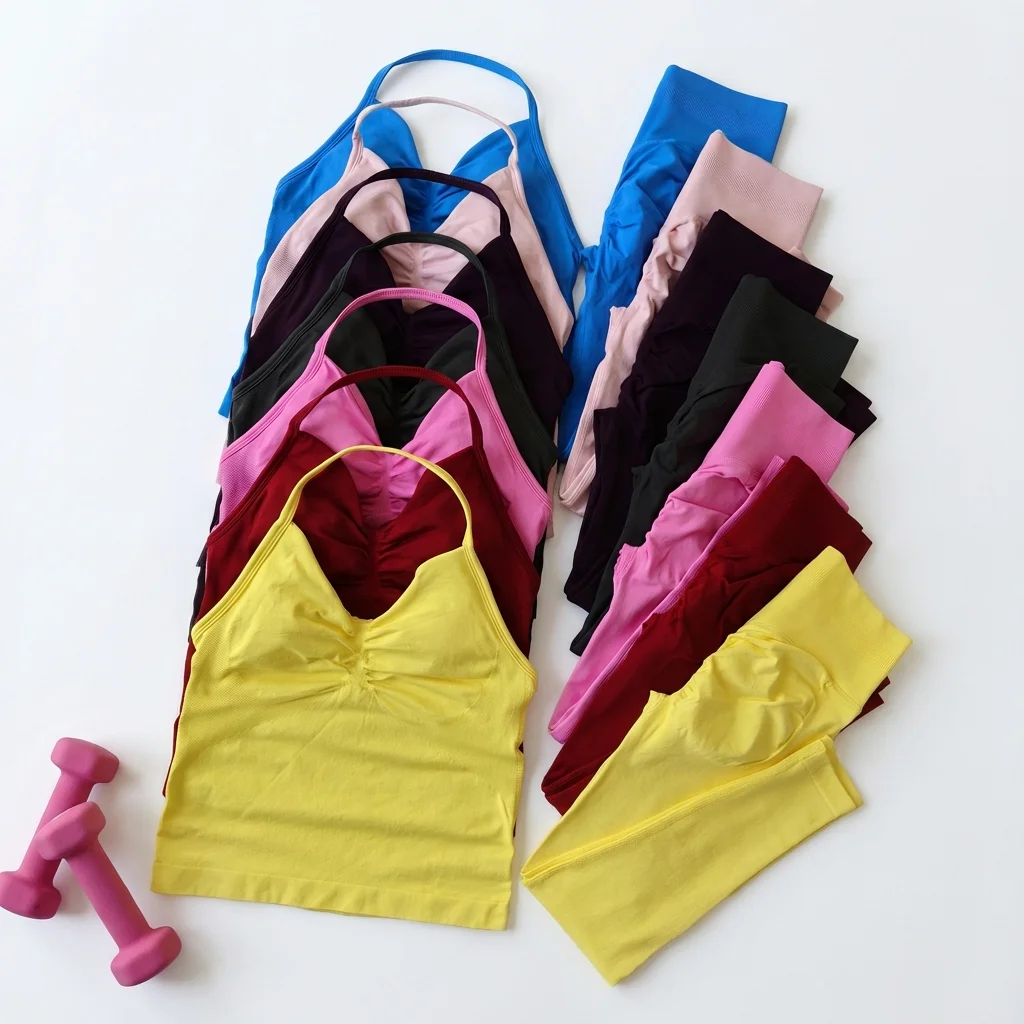 Ensemble de yoga 2 pièces pour femmes, hauts dos nu à bretelles, shorts taille haute sans couture, ensembles de sport pour la salle de sport, vêtements de sport, ensembles d'entraînement