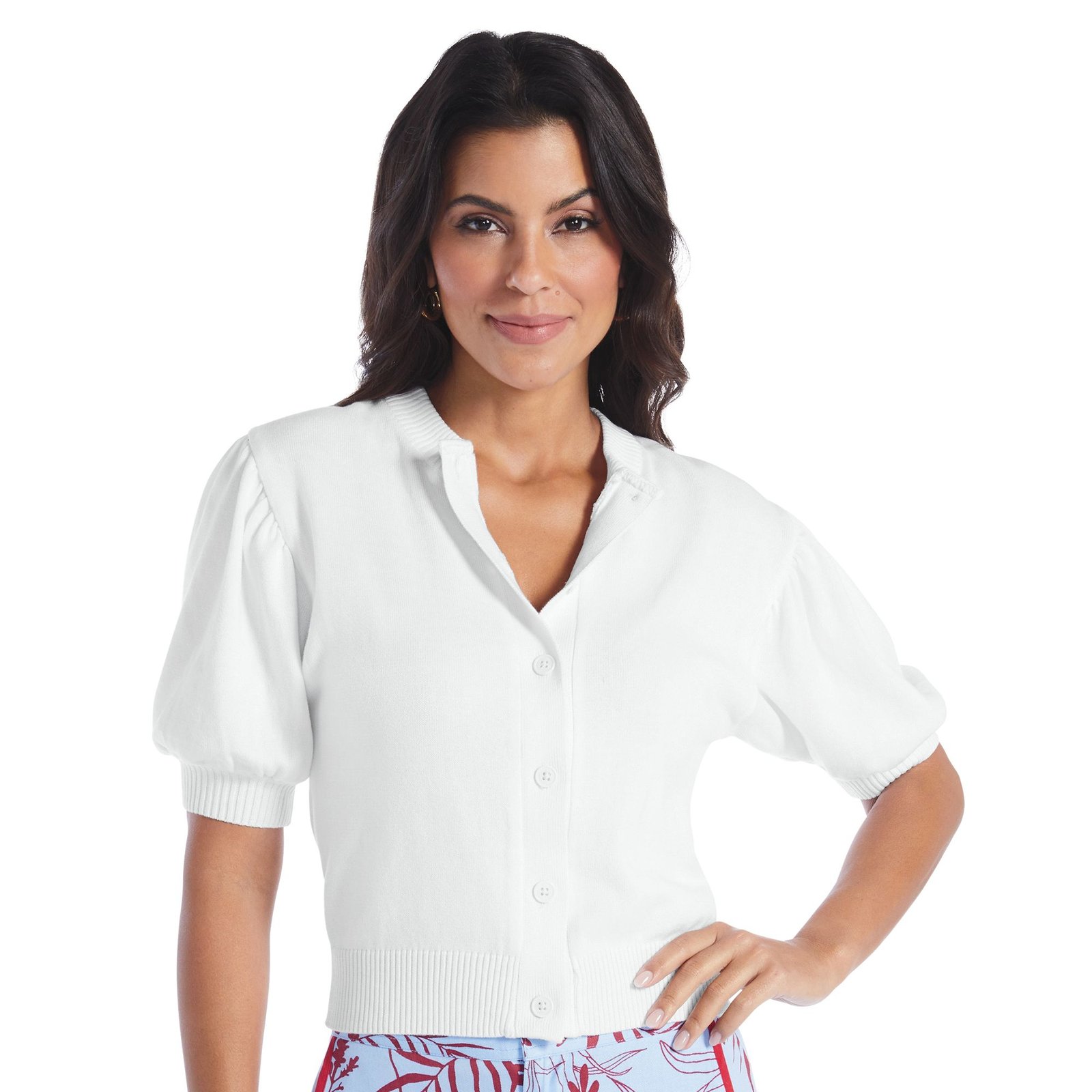 Masseys Puff Sleeve Sweater Cardigan (Size 3X) White, Cotton