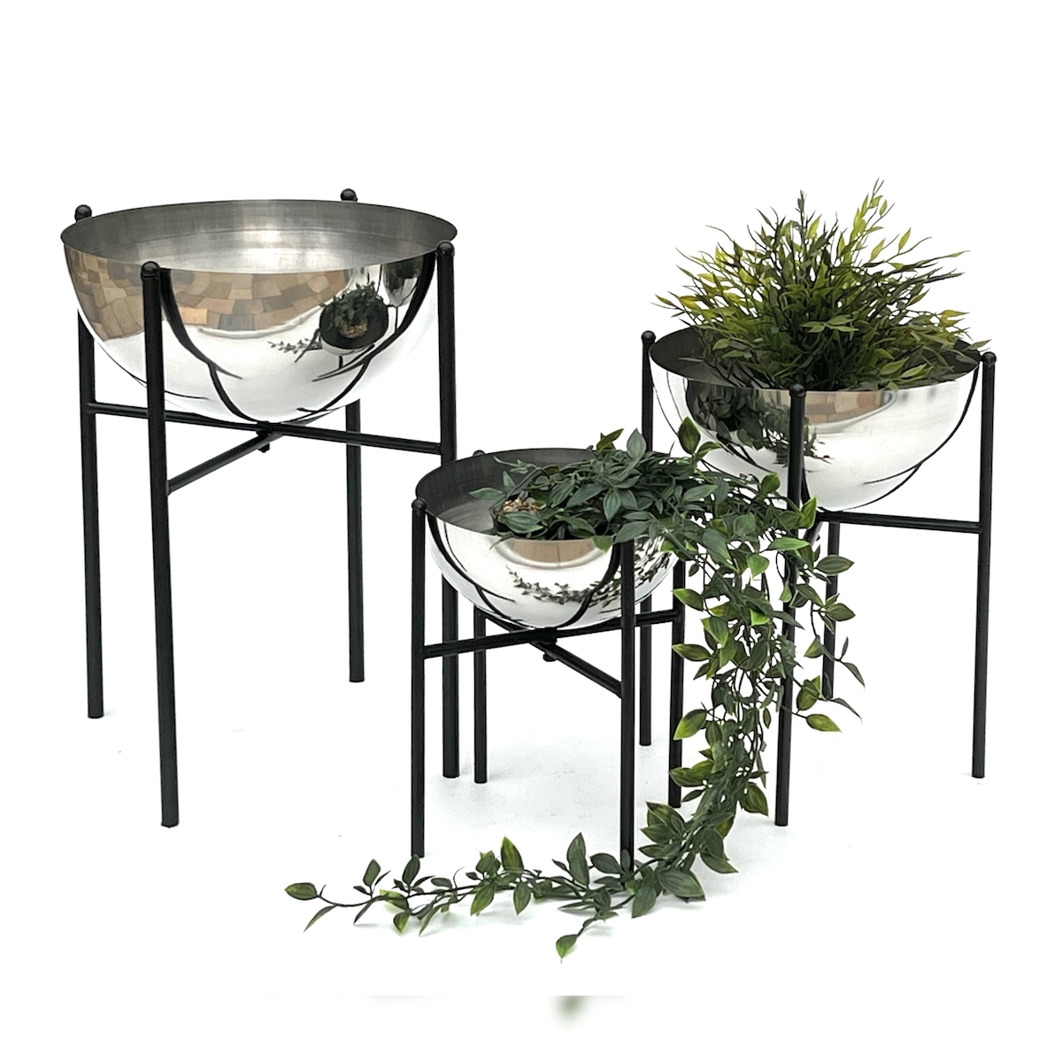 DanDiBo Blumenhocker Metall mit Topf Schwarz Silber 3er Set Blumenständer 96257 Blumensäule Modern Pflanzenständer Pflanzenhocker Image
