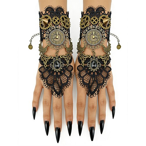 Manchettes de gant sans doigts victoriennes steampunk en dentelle pour femmes - Accessoire en alliage d'horloge et d'engrenages pour le carnaval et les costumes d'Halloween