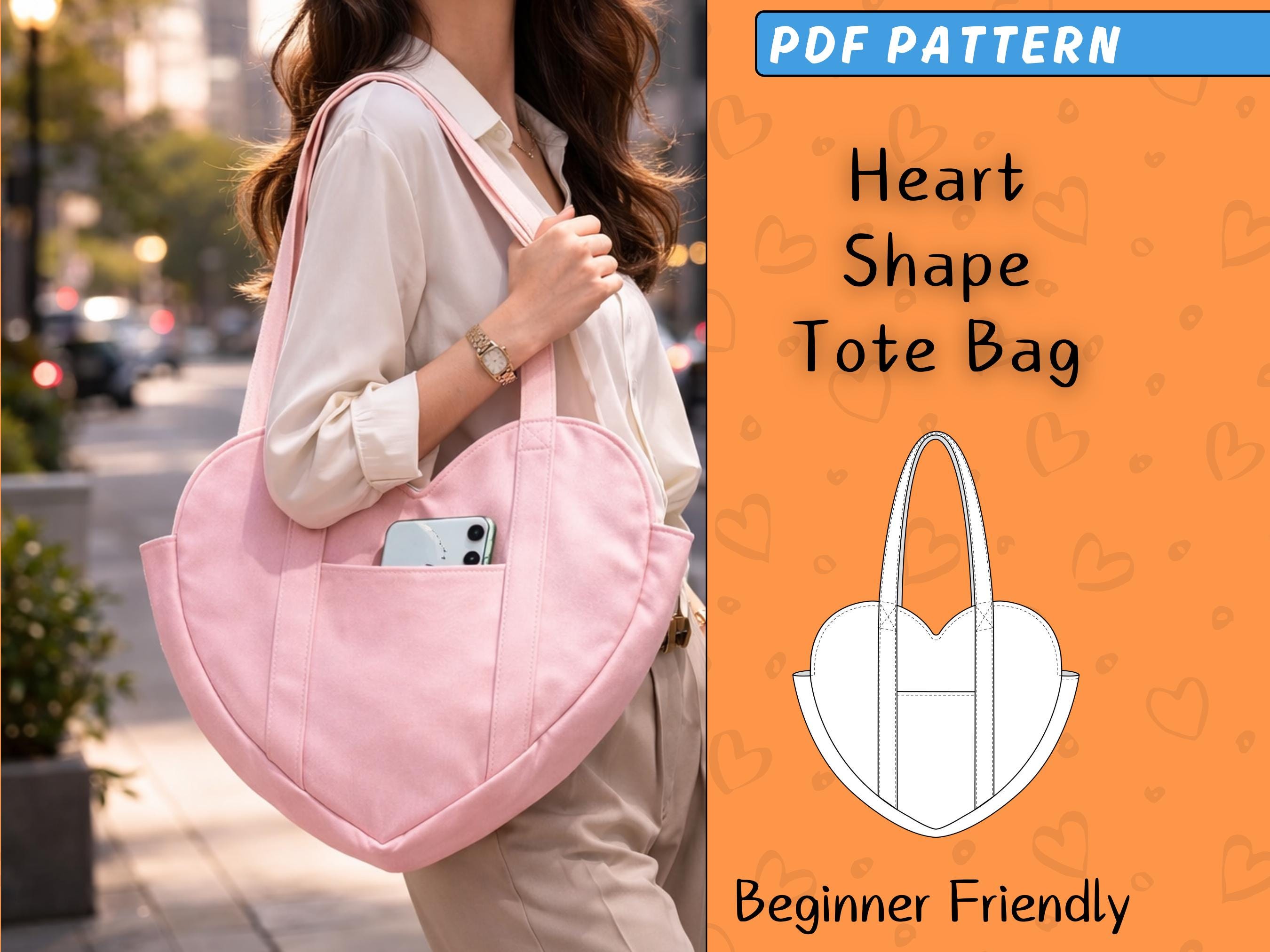 Modello di cucito per borsa a forma di cuore, borsa della spesa trapuntata con tasca in formato PDF, borsa shopper in tela per donna, borsa facile da