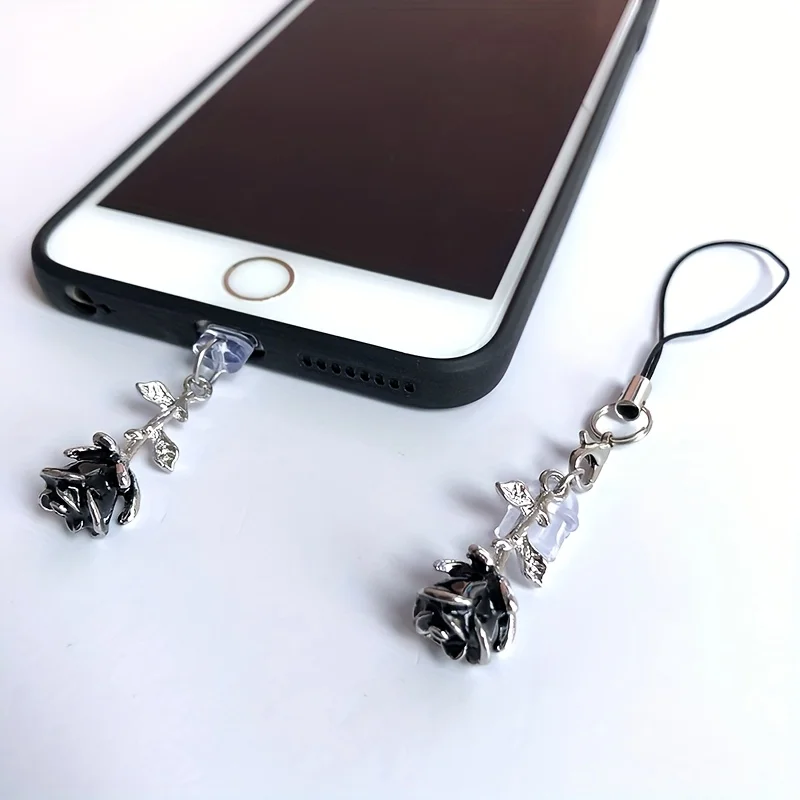 1 pièce de bouchon anti-poussière en alliage 3D en forme de rose noire pour téléphones portables, avec un design de cordon, peut être utilisé comme accessoire de téléphone portable de multiples