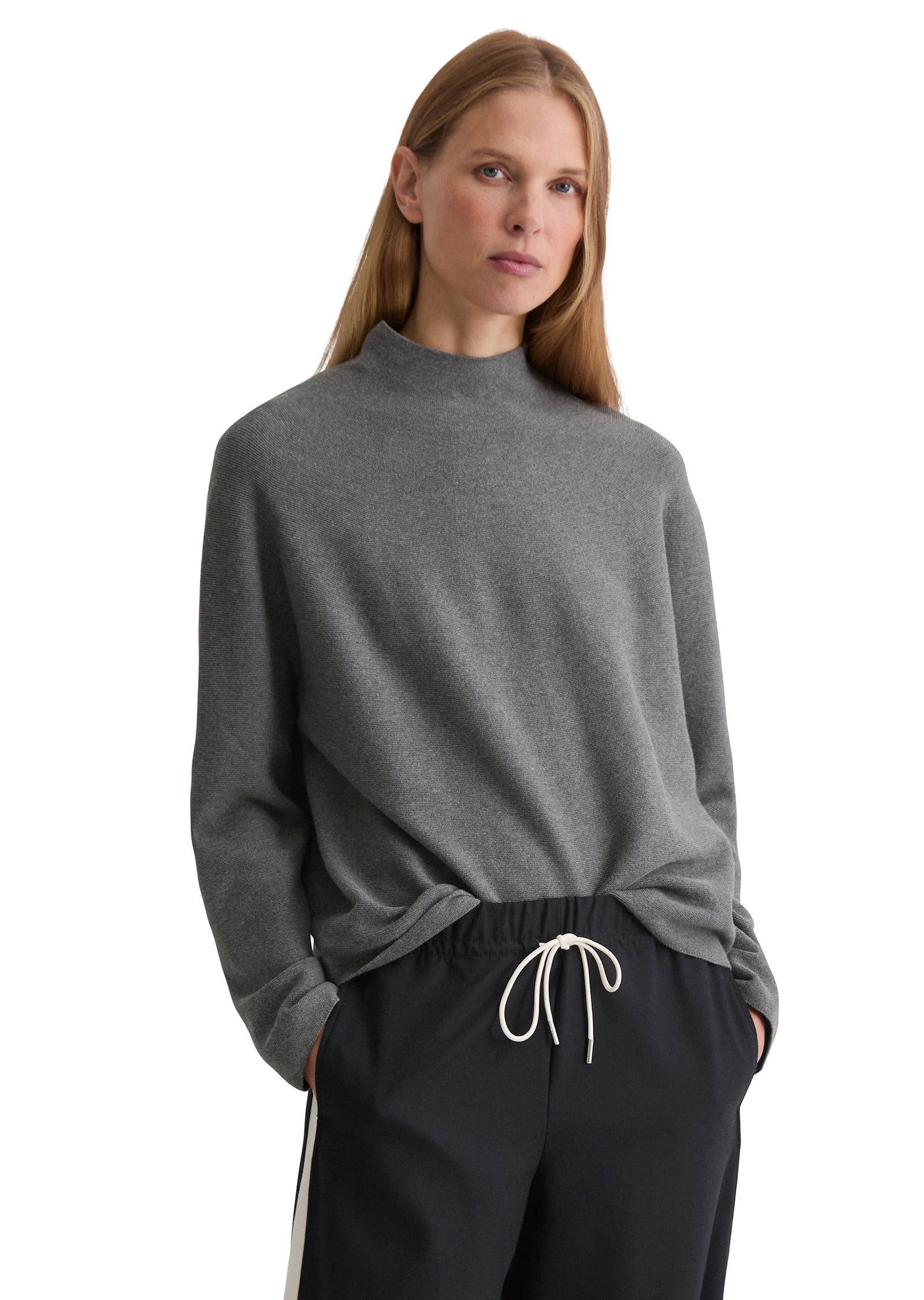 Strickpullover MARC O'POLO "aus softer Bio-Baumwolle", Damen, Gr. M, warm granite melange, Obermaterial: 100% Baumwolle, unifarben, Pullover Strickpullover