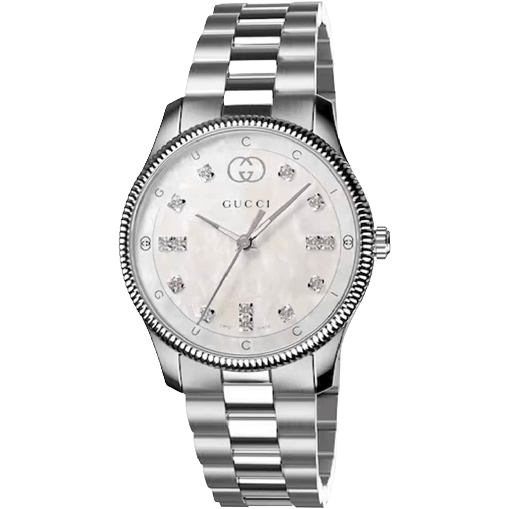 Gucci YA1265064 G-Timeless Damenarmbanduhr 29 mm Perlmuttzifferblatt mit Diamantakzenten