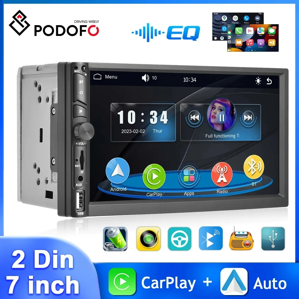 Podofo 2Din 7 ''Autoradio Wireless Carplay Android Auto MP5 Autoradio Player HD Touch Screen Bluetooth WIFI GPS Navigation MIC