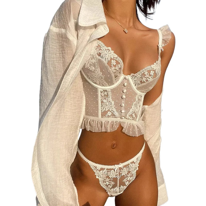 CINOON Lingerie francese Set intimo da donna sexy Reggiseno push up Reggiseno trasparente in pizzo Set di slip Biancheria intima bianca sottile da sposa