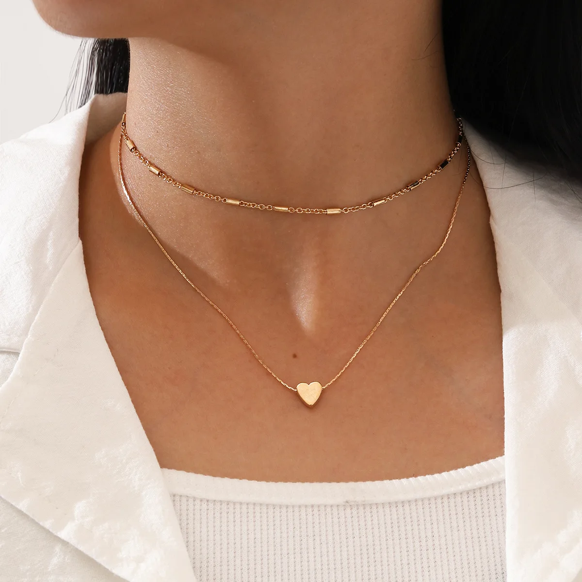 Collana con ciondolo a cuore semplice moda 2 pezzi per donna collana girocollo con catena Color oro e argento regalo di gioielli per feste alla moda per ragazze