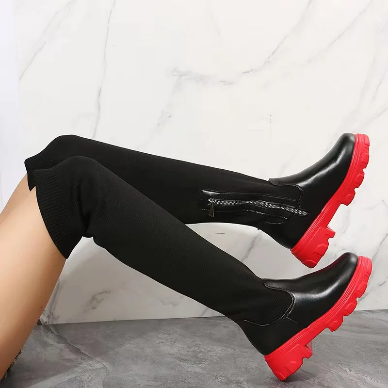 Stivali da donna al ginocchio, autunno e inverno nuovi stivali a tubo alto con tacco spesso da donna, calzini intrecciati a mosca, stivali elastici, stivali grandi
