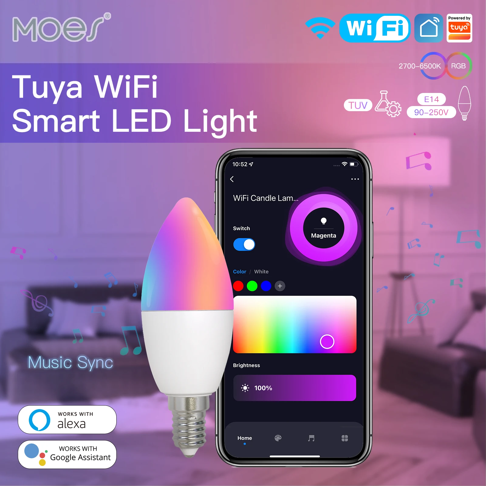 MOES WiFi Smart LEDLight Lampadina E14 Lampada a candela 16 milioni RGBCCT 2700-6500K Dimmerabile Candelabro Luce Tuya Alexa Google 90-250V 6W