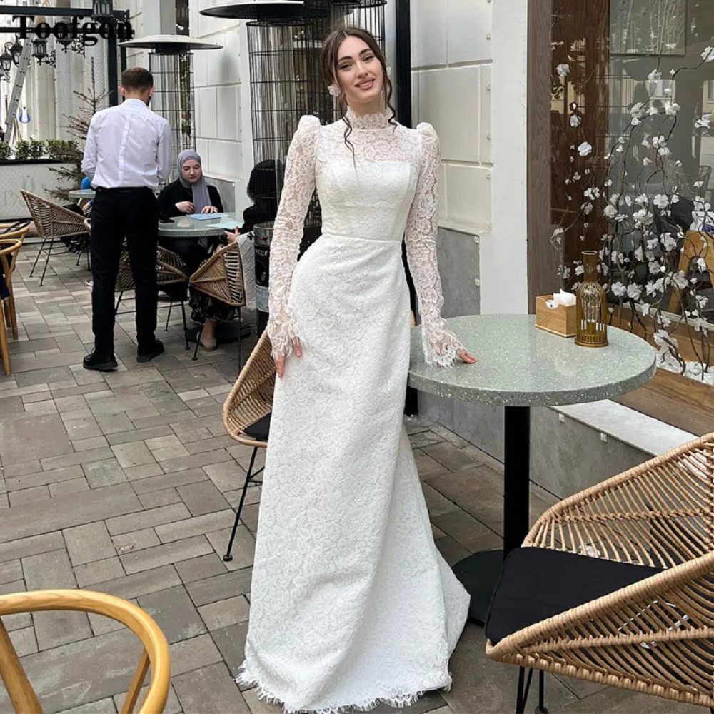Toofgon Abiti da sposa formali in pizzo delicato Maniche lunghe Collo alto Bottoni Abiti da sposa Abiti da festa di nozze da sposa Personalizzati