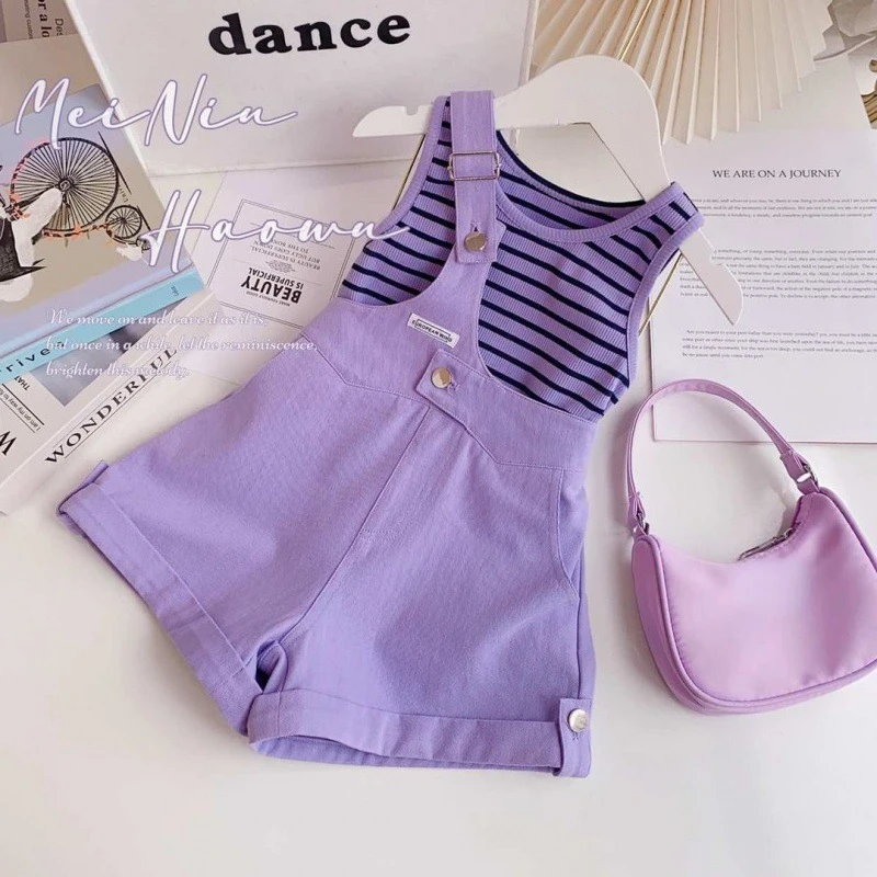 Vestito estivo per ragazze t-shirt a righe + pantaloncini sospesi Set di due pezzi per bambini Set di abbigliamento per ragazze nuovi vestiti per bambini 2 pezzi 2 3 4 5 6 7Y