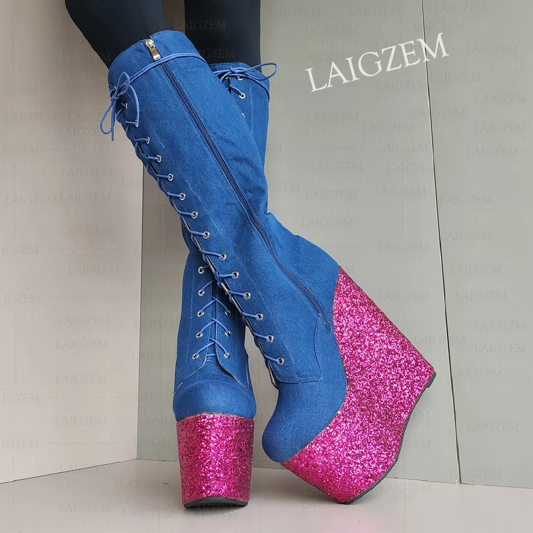 DOHBANER Frauen Kniehohe Stiefel 20 CM High Heels Plattform Keile Bling Glitter Patchwork Damen Schuhe Frau Große Größe 41 43 46 48