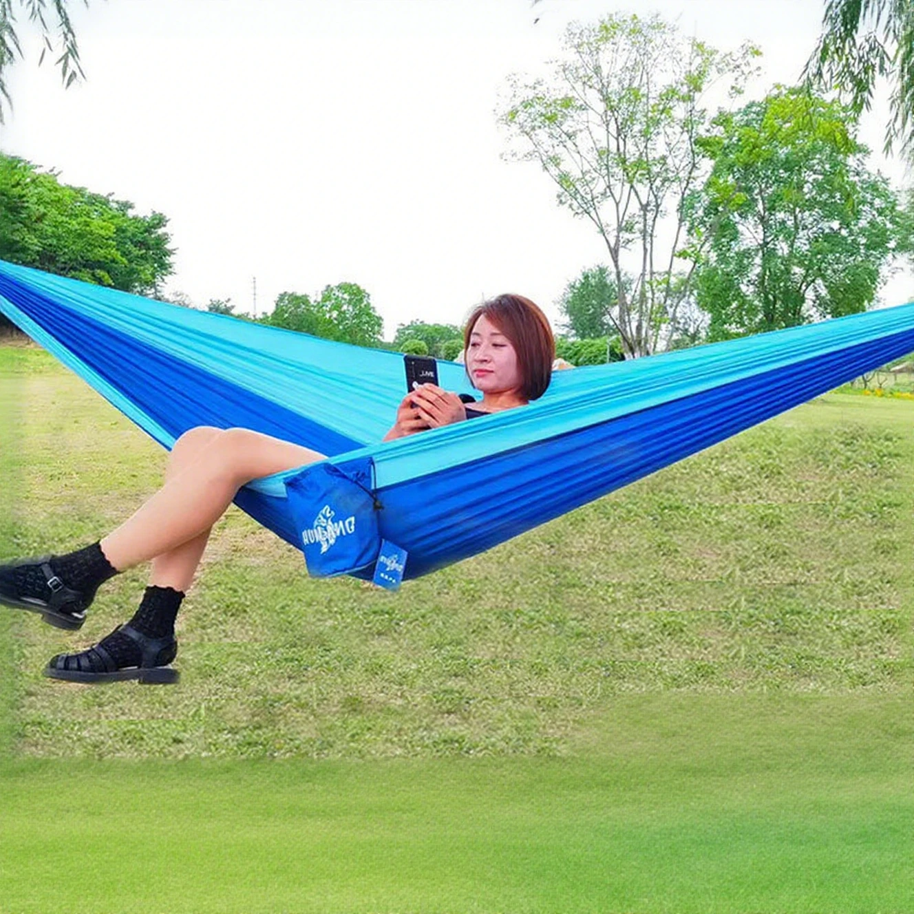 Hängematte aus Nylon, ultraleichtes Nylon, Seidenstoff, Fallschirmstoff, Farbblock, Einzel-/Doppelperson-Hängematte, Outdoor, Camping, 270 x 140 cm