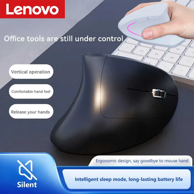 Lenovo kabellose Maus, ergonomisch, vertikal, beleuchtet, geräuschlos, wiederaufladbar, Bluetooth-Maus, tragbar, für Gaming, Büro, universelle Maus Image