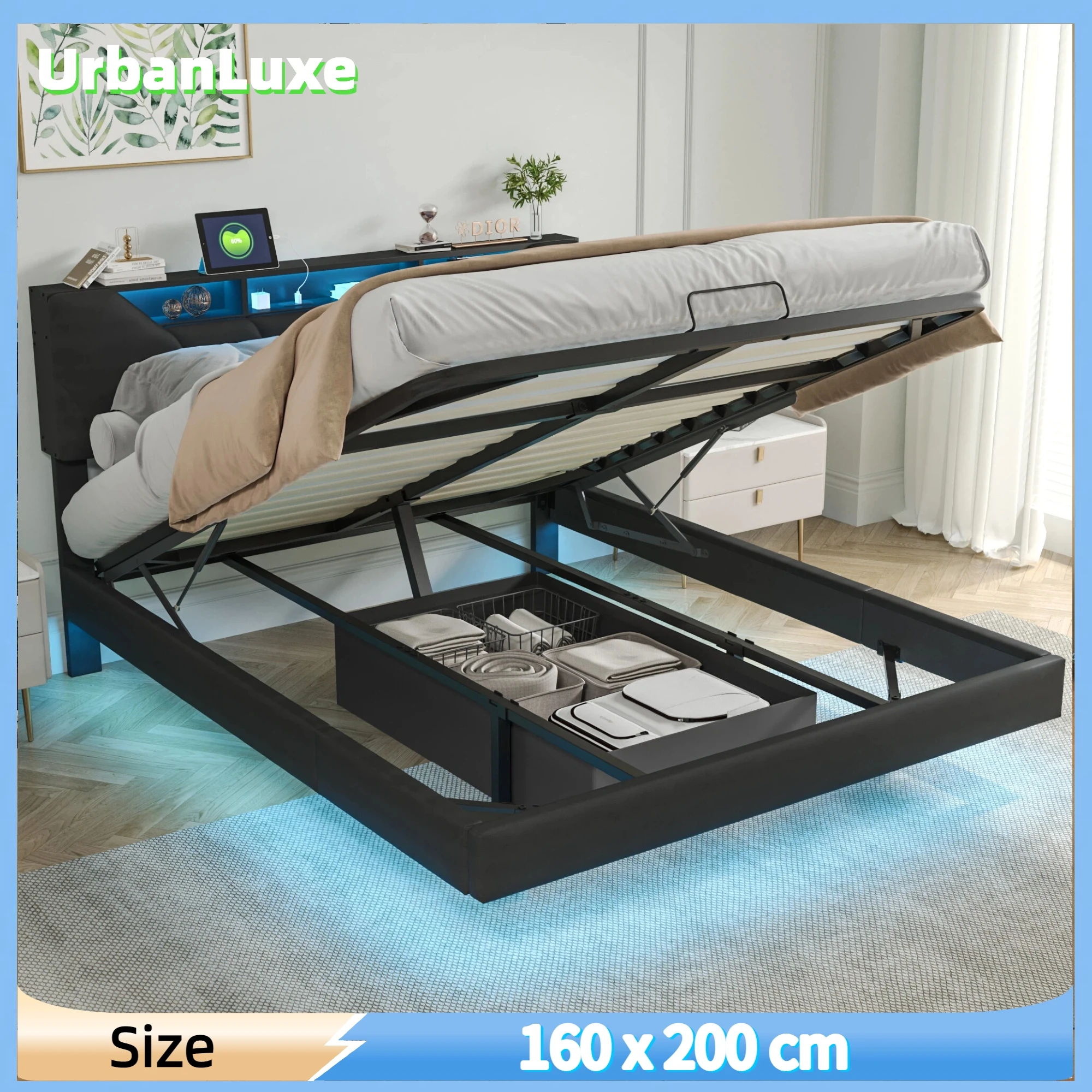 Bett 160x200 cm mit LED-Lichtleiste und Steckdose, Bett mit Stauraum, Lattenrost, PU, ​​schwarz Image