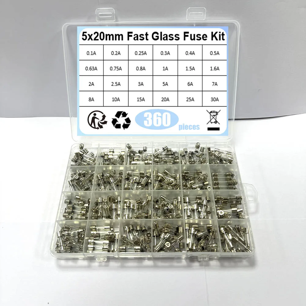 360 Teile/schachtel 24 Werte 5x20mm Schnelle Glas Sicherung Kit 0,2 A 0,5 A 1A 2A 3A 5A 6A 8A 10A 15A /250 V 5*20 Versicherung Rohr Paket Image