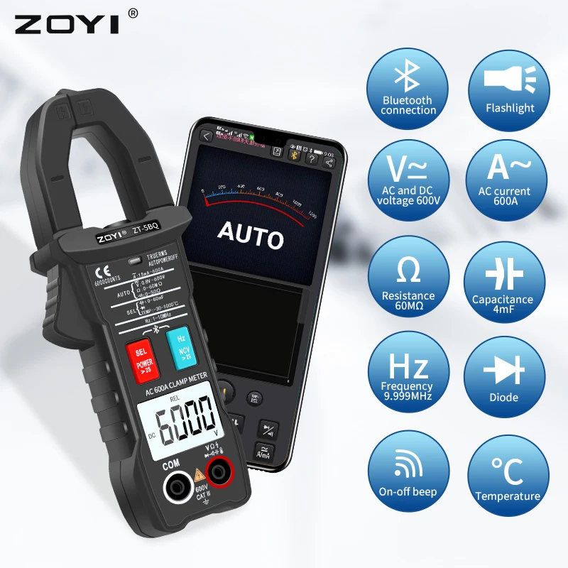 ZOYI 5BQ Digitales Bluetooth-Multimeter Zangenmessgerät 6000 Anzeigen True RMS DC/AC Spannungsmessgerät AC Strom Hz Kapazität Ohm Image