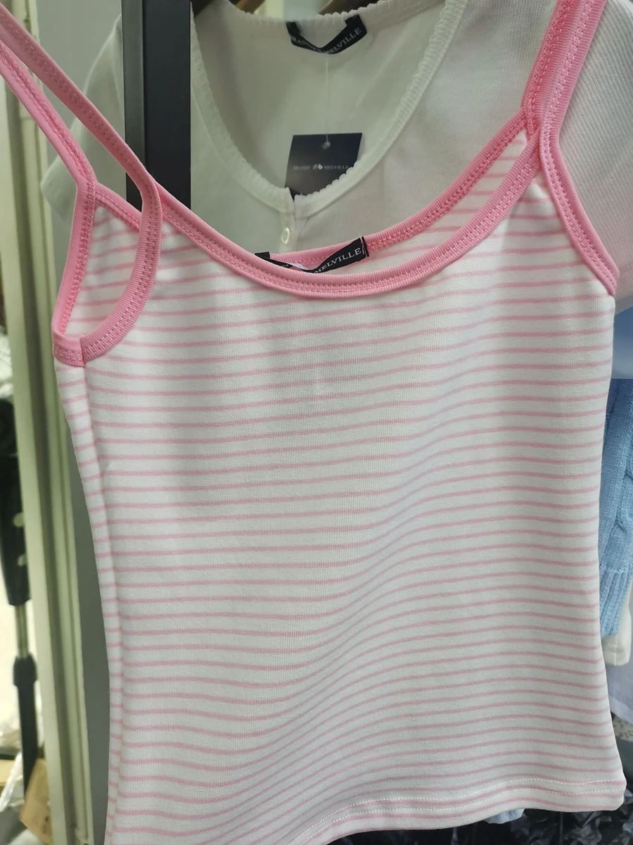 Süße Dünne Rosa Gestreiften Leibchen Frauen Sommer Neue Baumwolle Streetwear Sexy Nette Ärmellose Westen Weibliche Chic Vintage Y2K Tank Tops