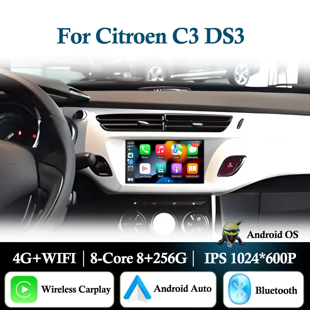 7 "Android Auto Für Citroen C3 DS3 Auto Radio Multimedia Player Monitor Stereo Navigation GPS BT Drahtlose Carplay touchscreen Image
