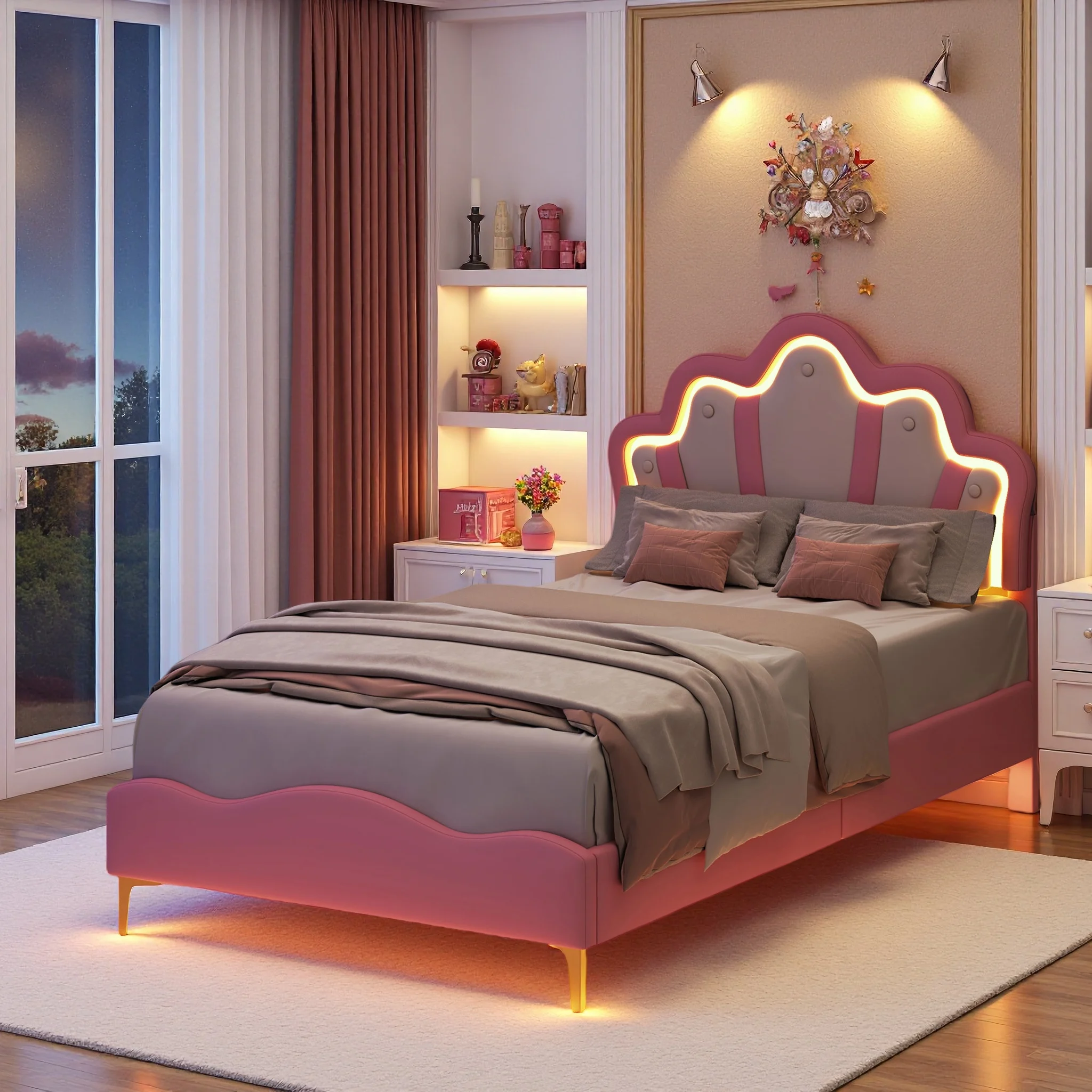 Comanlai 90×200cm Prinzessinnenbett, Kinderbett Einzelbett, mit Kronen-Kopfteil, LED-Beleuchtung, Lattenrost, Schlafzimmermöbel