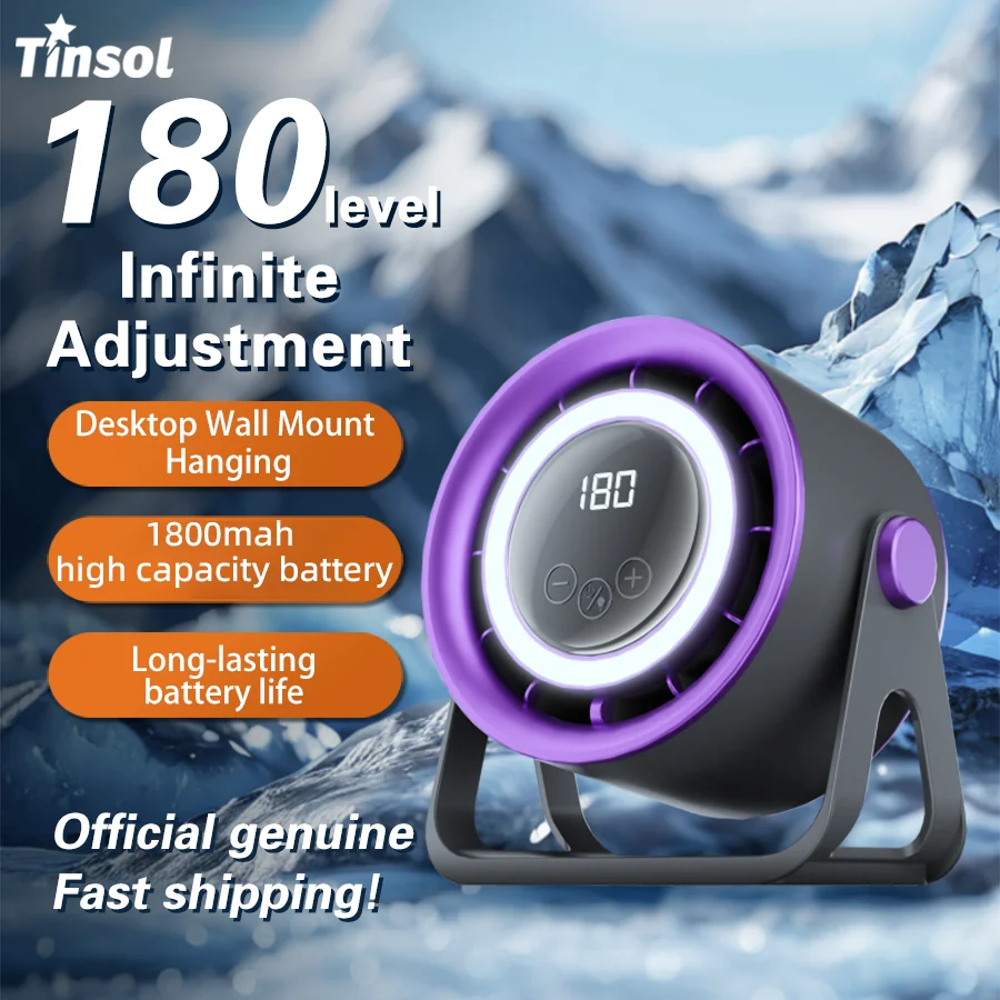 TINSOL 1800 mAh tragbarer elektrischer Ventilator mit Umgebungslicht, Turbo-Mute-Elektroventilator, Tischventilator, Wandmontage, Deckenluftkühler Image