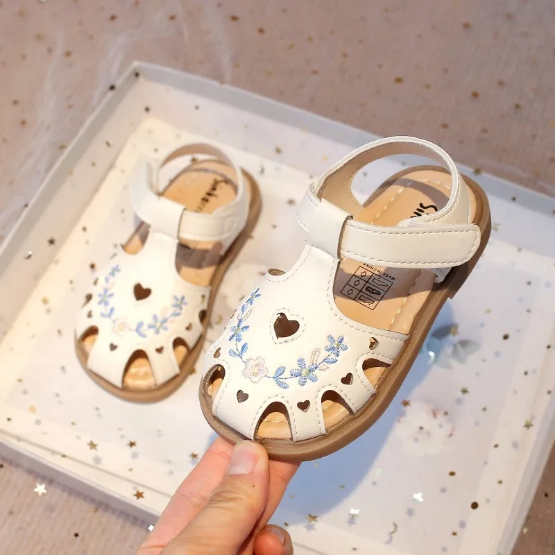 Freizeitschuhe für Kinder, Sandalen, PU-Leder, Ausschnitt-Sommerschuhe für Mädchen, mit Klettverschluss, atmungsaktiv, Rosa, Beige, Größe 22–31