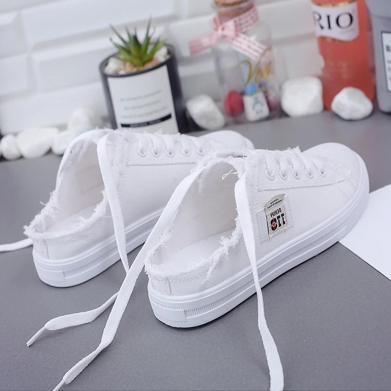 Neue Frühling Sommer Frauen Leinwand Schuhe flache Turnschuhe Frauen Freizeit schuhe niedrige obere Schnürung weiße Schuhe Größe 43