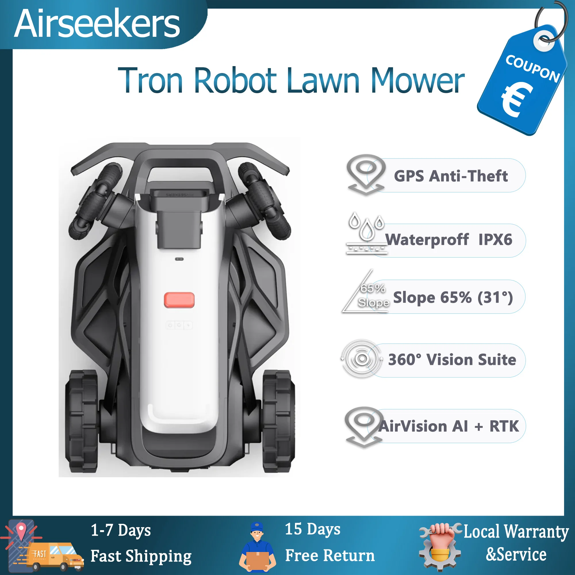 Airseekers Tron Roboter-Rasenmäher - 2400 ㎡ Abdeckung, AirVision AI+RTK-Navigation, App-Steuerung, Diebstahlschutz-GPS, Wetterfest (IPX6)