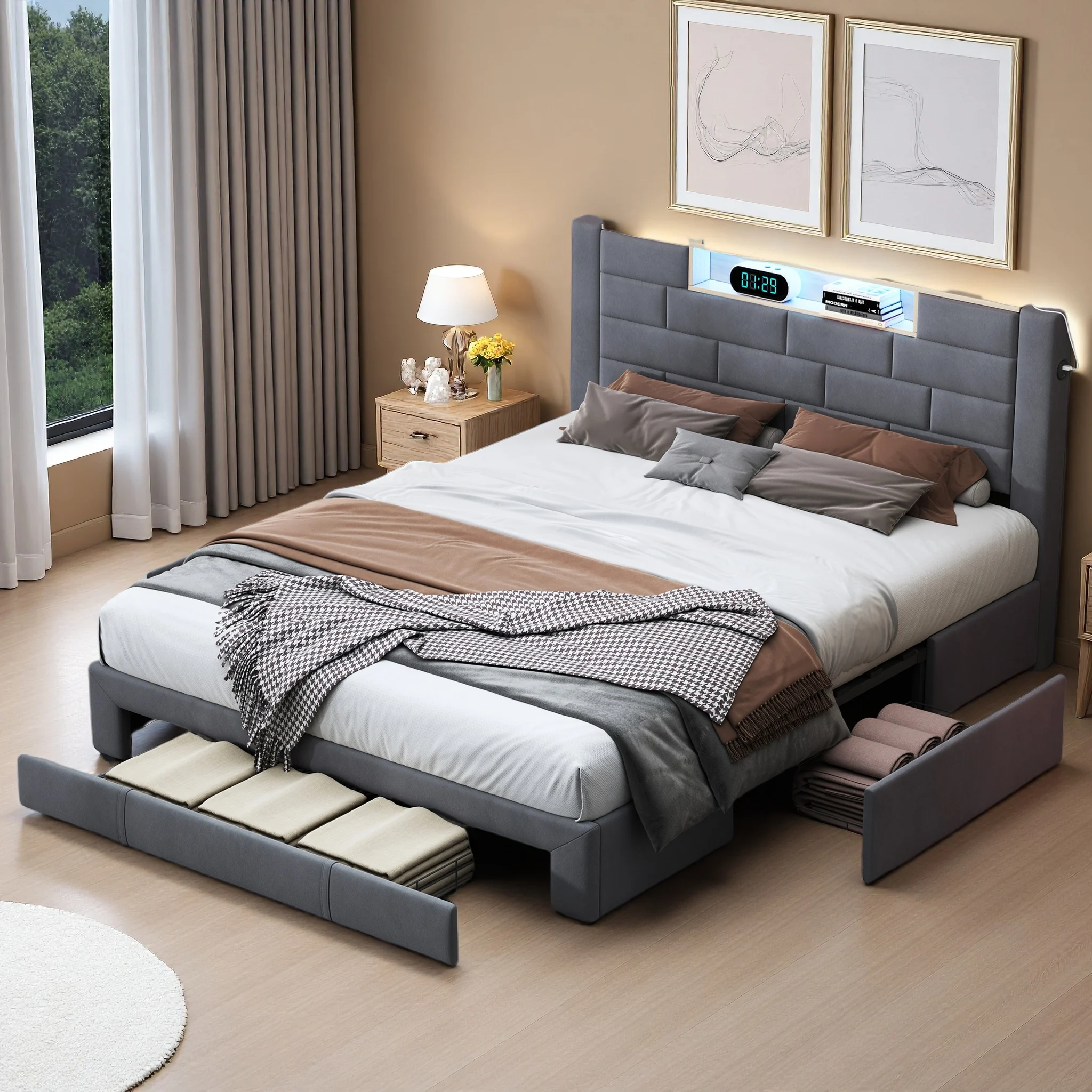 Superaly Polsterbett mit 3 Schubladen, Luftheber-Stauraum, Kopfteil mit Stauraum und Ladeanschluss, LED-Beleuchtung, Samt Image
