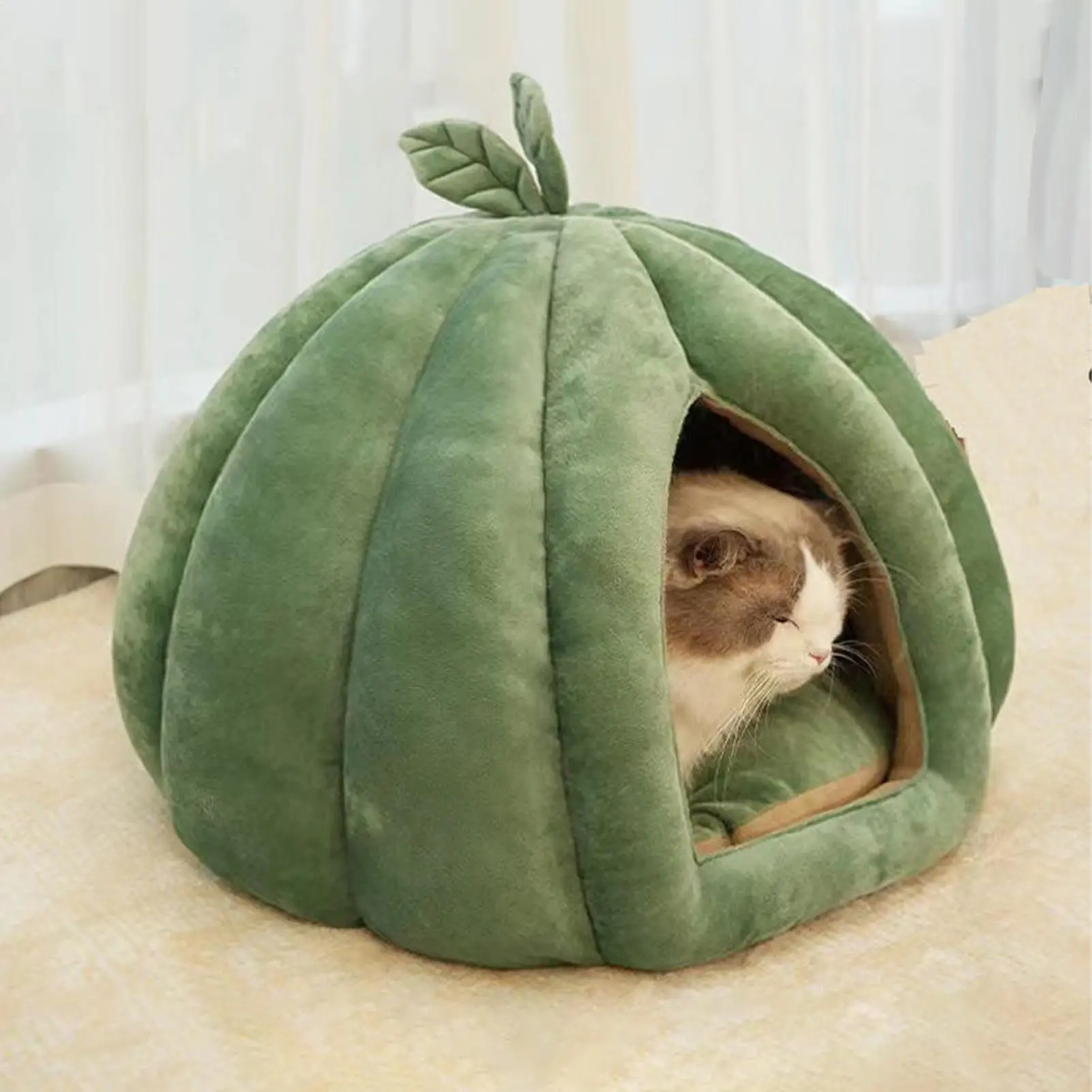 Kürbisförmiges Katzenbett, halbgeschlossenes Katzenhöhlenhaus, Winter, verdicktes Halloween-Haustier-Versteck für Kätzchen, Welpen, Haustiere Image