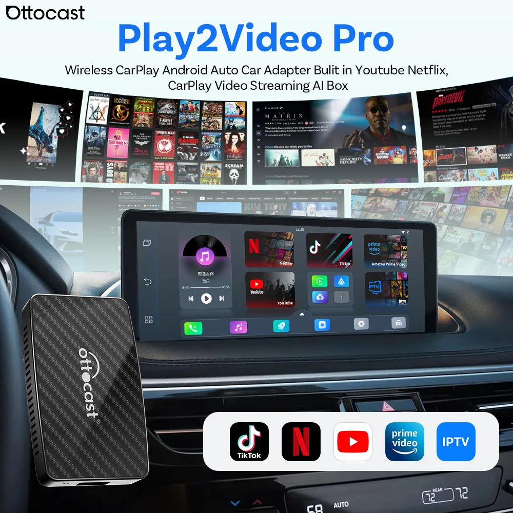 Ottocast Car AI Box Play2Video Pro Wireless CarPlay & Android Auto Dongle für Multimedia AI TV Box mit integrierter Video-App-Streaming-Funktion Image