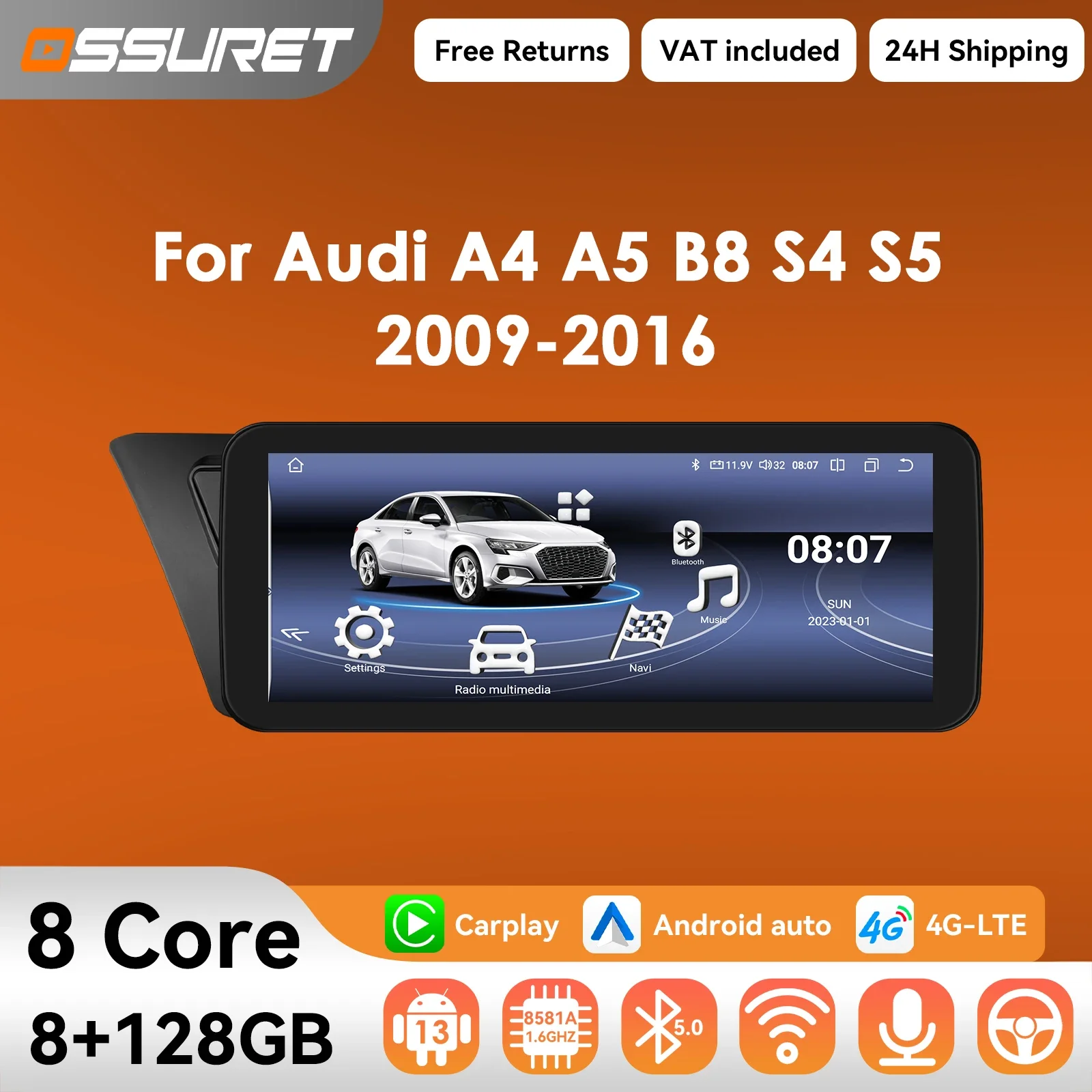 10,25 "Android 13 Autoradio Carplay Für Audi A4 A5 B8 S4 S5 2009-2016 Multimedia video-player Auto radio GPS Stereo 2DIN Kopf Einheit Image