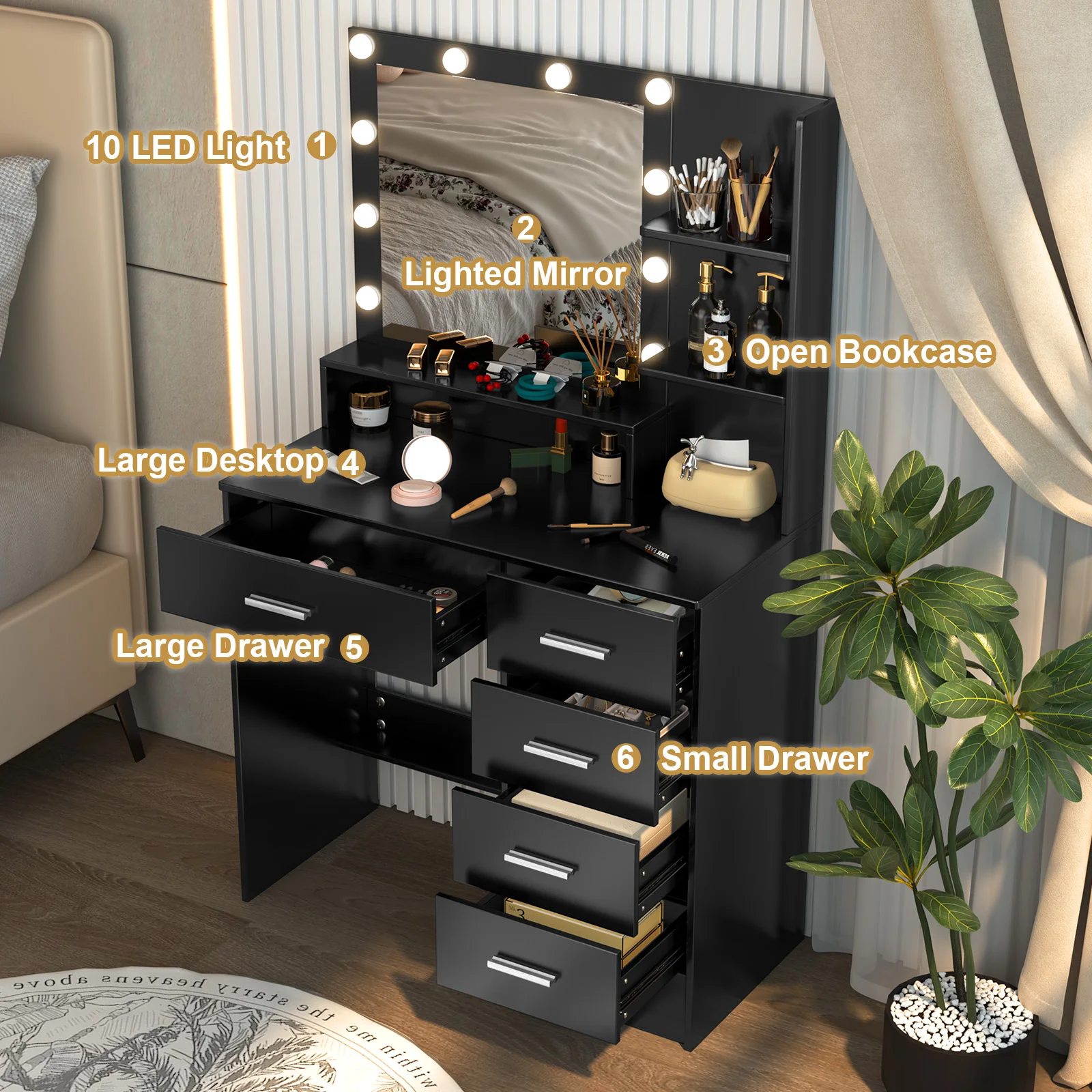 Schwarzer Schminktisch mit 5 Schubladen und beleuchtetem Spiegel, Make-up-Schminktisch